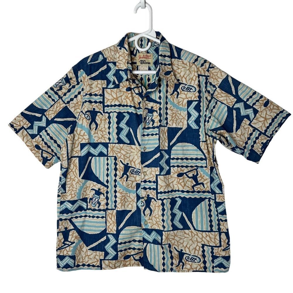 Alfred Shaheen Reyn Spooner Hawaiian Surfer Drummer Print Button Up Size Large